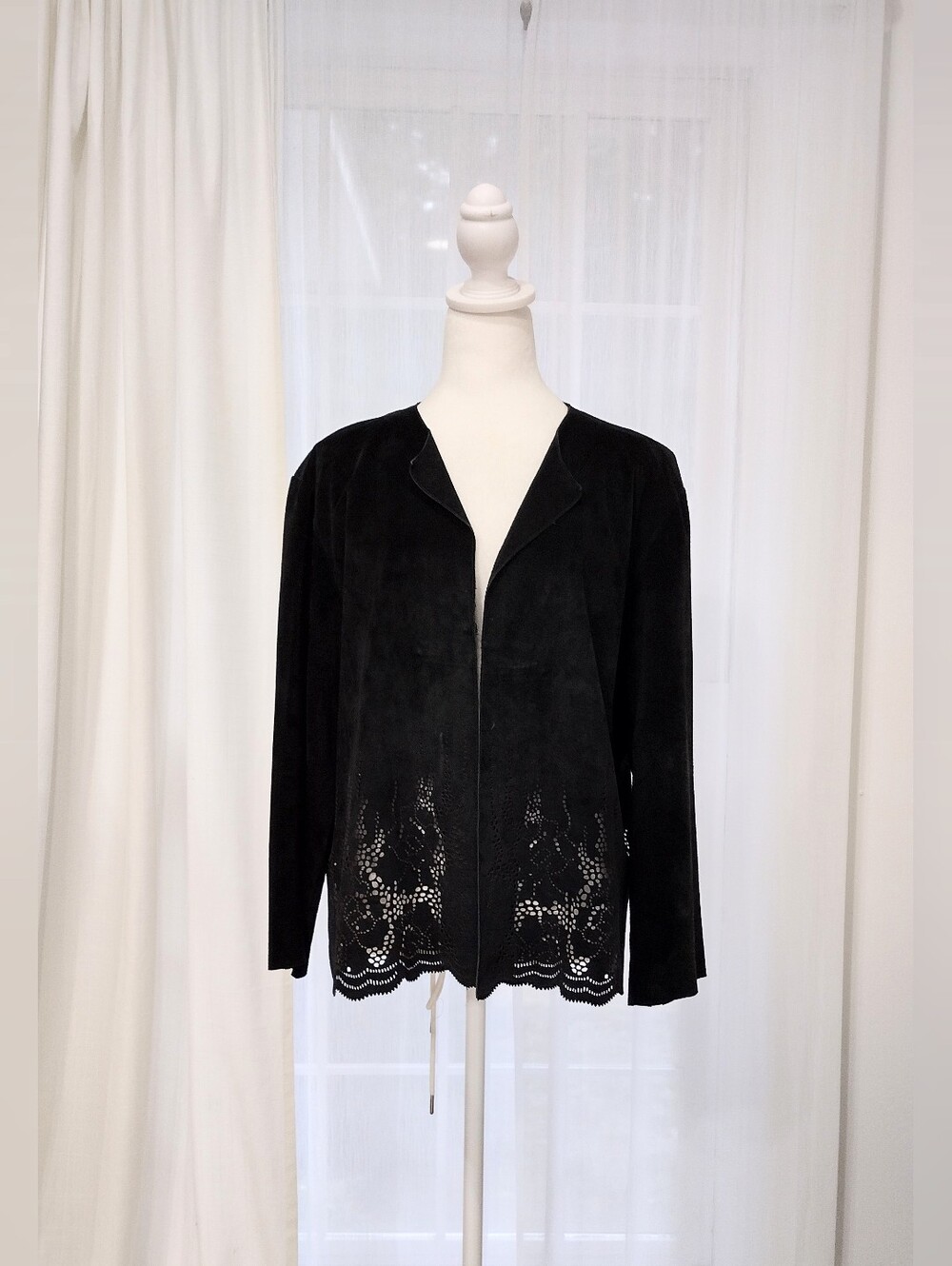 Chico's Sz 3 Black Suede Open-Front Blazer with Laser-Cut Hem